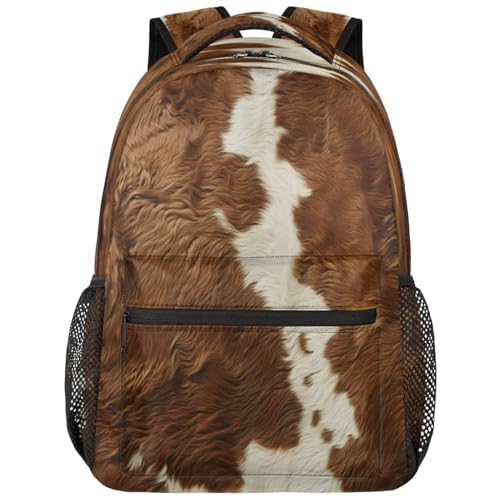 Cow Print Vintage Brown Backpack with Chest Strap, Casual Backpack for Women Men, 16 Inch Daypack for Travel Work, Cow - color: Multi