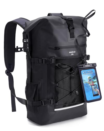 ECOHUB Waterproof Backpack for Women Men, 30L Roll-Top Closure Heavy Duty Dry Bag for Travel with IPX8 Waterproof Phone Case - color: Black