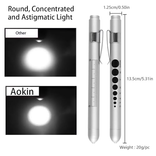 Aokin Medical Pen Light for Nurse Doctor, Reusable LED Medical Penlight Flashlight with Pupil Gauge and Ruler, White Light, Silver - color: Silver