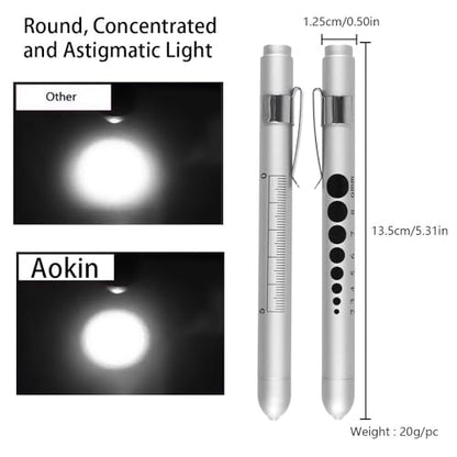 Aokin Medical Pen Light for Nurse Doctor, Reusable LED Medical Penlight Flashlight with Pupil Gauge and Ruler, White Light, Silver - color: Silver