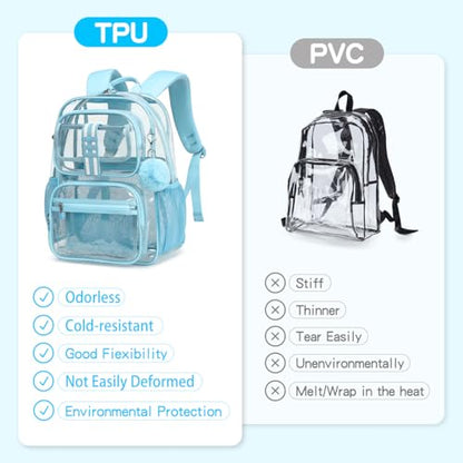 Cusangel Clear Backpack for School,16in Heavy Duty Clear BookBag,TPU Large Capacity Black See Through backpack for Stadiums,Concerts,Plastic transparente para mujer for 8Age+ - color: Aqua Clear 16in