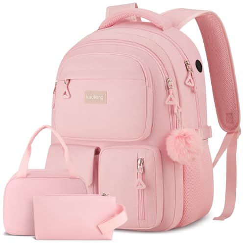 kadilong Girls Backpack for School,Cute Book Bag for Elementary Primary High School with Lunch Box,Pink - color: 3 Pack-pink, size: 15,6 inch