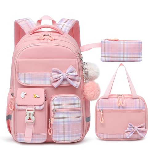 Alrisg Girls School Backpack Preppy Plaid Bookbag Lightweight Backpack for Girls Elementary Middle School Bow Pink Set - color: Pink, size: 17in Set