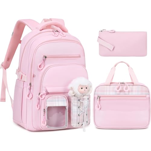 GeeWin Girls Backpack for School with Lunch Box & Pencil Case Set, 17 Inch Stylish Plaid Girls Bookbag with Lots of Pockets for Kids, Teens, Elementary Middle High College School Student (Pink) - color: Pink