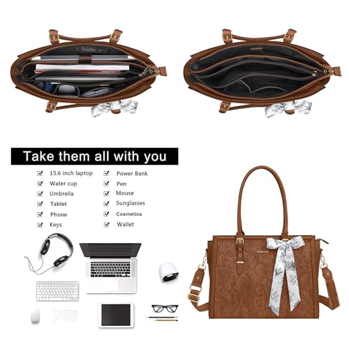 MOSISO Laptop Bag for Women, 17-17.3 inch PU Leather Tote Bag Compatible with MacBook, HP, Dell, Asus Notebook, Front Embossed Retro Hibiscus Computer Bags with Silk Scarf&Clutch Purse, Brown - color: Brown, size: 17.3 inch