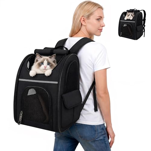 Expandable Cat Backpack Carrier Airline Approved Pet Travel Backpack with Breathable Mesh, Large Space, Safety Leash, Comfortable Padded Straps, Foldable Soft Pet Carrier for Hiking Vet