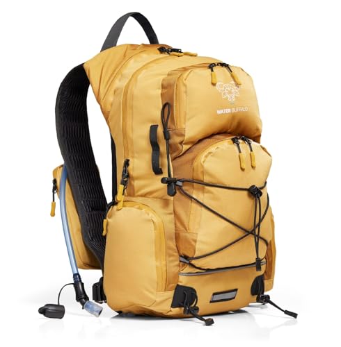 Water Buffalo Hydration Backpack - Sherpa 22L Hiking Backpack with Water Bladder - Water Backpack for Hiking with Waterproof Zippers, Phone & Pole Holders - color: Bonfire