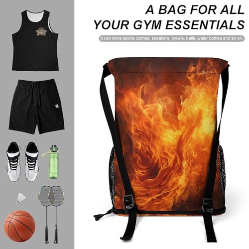 Drawstring Gym Backpack with Shoe Compartment And Wet Pocket, 28L Lightweight Waterproof Roaring Flame Sports Backpack for Workout Swim Beach Travel String Bag for Men Women