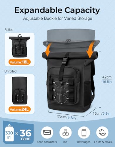 ISEYOU Rolltop Cooler Backpack, 36 Cans Insulated Backpack for Men & Women, Keeps Cold for Up to 20 Hours, Waterproof & Leak Proof Cooler Bag for Picnic, BBQ Camping, Lunch, Beach, Hiking