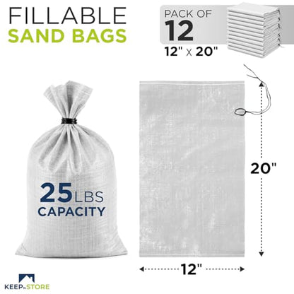 Heavy Duty Sand Bags Pack of 12, White Empty Sandbags with Built-In Ties, Woven Polypropylene UV Protection 1600 Hours, Fillable Bags for Flood Control, Weight, 12x20 inches, 25 Pounds Volume - size: 12"W x 20"L, style: Pack of 12