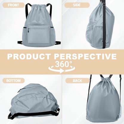 Tygelluis Drawstring Backpack, Waterproof Gym Bag with Water Bottle Pocket for Women Men, Pull String Sport Bag for Swim, Soccer and Basketball, Light Gray - color: Light Gray1