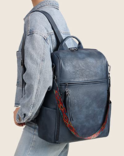 FADEON Leather Laptop Backpack for Women Designer 15.6 inch PU Laptop Bag, Ladies Travel Computer Work Backpack Blue - color: Dusty Blue Retro Style