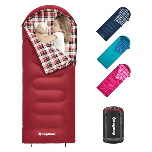 KingCamp 45°F Kids Sleeping Bag, Lightweight Waterproof & Compact Flannel Sleeping Bags Cold Weather & Warm Youth Essentials Gear Accessories for Camping, Fits 10-12 Children up to 4'7"-5'5" Tall - color: 8.6°F ~44.6°F Red Left