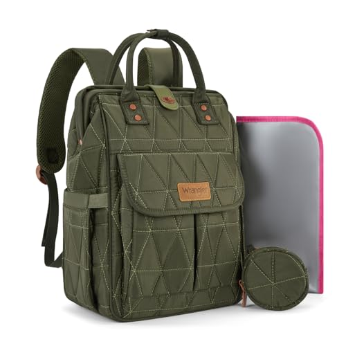 Montana West Wrangler Diaper Bag Backpack Baby Essentials Bag Quilted Travel Backpacks with Insulated Pockets, Portable Changing Pad, Stroller Straps, Pacifier Case - color: Green