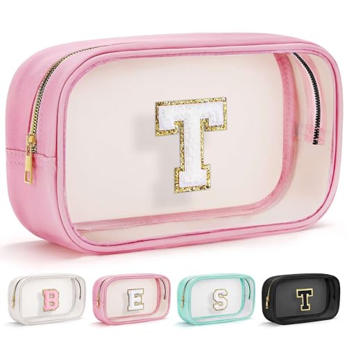 YOOLIFE Travel Toiletry Bag for Women, Pink Clear Makeup Bag Cute Make Up Bag for Women Cosmetic Bags Skin Care Makeup Bag Organizer Birthday Gifts for Women Teacher Mother Girlfriend Initial T - color: Large-Pink, style: T
