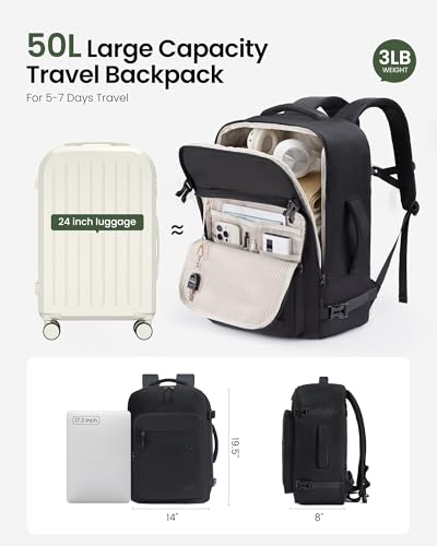 LOVEVOOK 50L Carry on Backpack, Large 17 Inch Travel Backpack for Women Men, Personal Item Bag Airline Approved with 3 Packing Cubes, Hiking Backpack Waterproof Weekender Essentials Casual Daypack - color: Black, size: 50L-4PCS