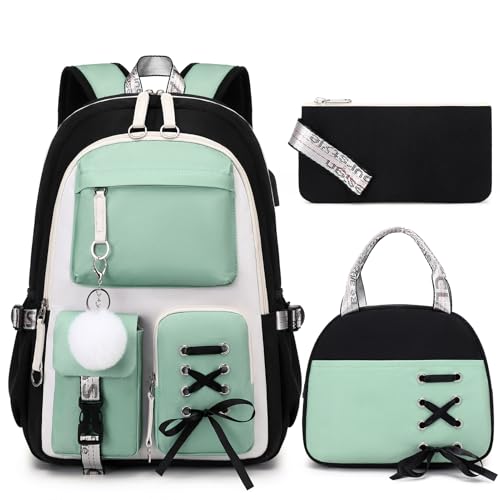 ACESAK Backpacks for Girls, Girls Backpack with Lunch Box and Pencil Case for Teen Kids Elementary Middle High School College Student, Children Backpack Bookbag with USB Charging Port (Peas Green) - color: Black With Pea Green Accent