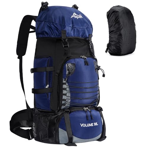 90L Hiking Backpack, Waterproof Camping Bag with Rain Cover, Lightweight Backpacking Back Pack - color: Blue