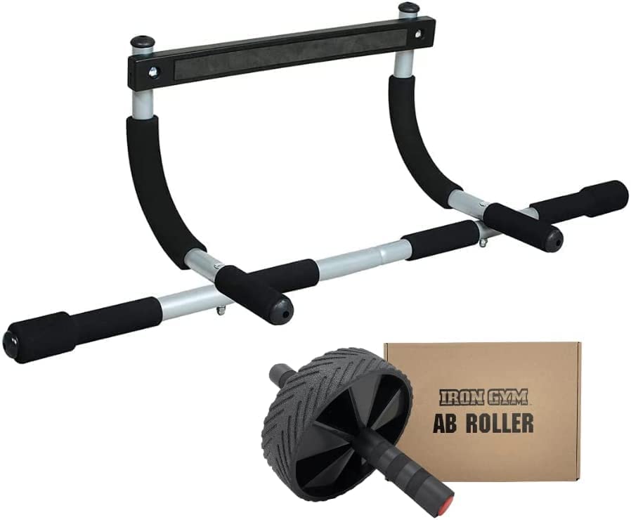 Iron Gym Pull-Up Bar - Total Upper Body Workout Bar for Doorway, Adjustable Width Locking, No Screws Portable Door Frame Horizontal Chin-up Bar, Fitness Exercise - style: Pull-Up Bar + Ab Roller