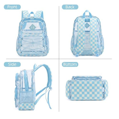 Clear Backpacks for Girls Women, Heavy Duty PVC Transparent Back Pack See Through Boys Kids Clear Bookbags for School - Checkered Sky Blue - color: Checkered Sky Blue