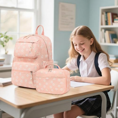 Bluboon Backpack for Girls Kids Preschool Backpack with Lunch Box Kindergarten Bookbag Toddler School Bags Set - color: Beige Flower Pink