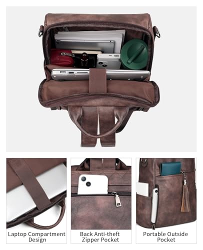 FADEON Leather Laptop Backpack for Women Designer 15.6 inch PU Laptop Bag, Ladies Travel Computer Work Backpack Coffee Brown - color: Coffee Brown Retro Style