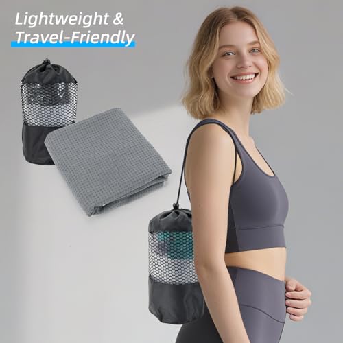 YESLIFE Non-Slip Extra Thick Hot Yoga Towel with One Sweat Towel, Microfiber Sweat Absorbent Yoga Mat Towel with Grip Dot, Pilates Mat, 72" x 24", Grey - color: Grey
