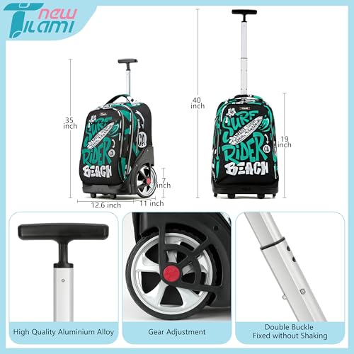 NEW TILAMI 19 inch Rolling Backpack Teens Rolling Backpack Cute Wheeled Laptop Backpack Bookbag Roller Travel Bag College, Surf Rider - color: Green Surf Rider