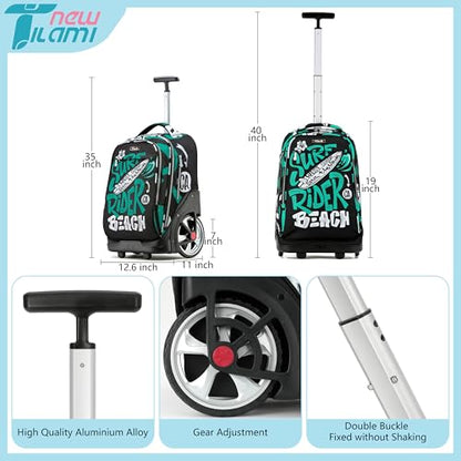 NEW TILAMI 19 inch Rolling Backpack Teens Rolling Backpack Cute Wheeled Laptop Backpack Bookbag Roller Travel Bag College, Surf Rider - color: Green Surf Rider