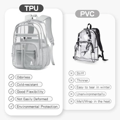Cusangel XL TPU Clear Backpack Heavy Duty for Stadiums,18in School Bookbag Teens 15+ boys Girls and Adults Multi-Pocket Design & Reinforced Stitching(Grey-18inch) - color: Grey-18inch