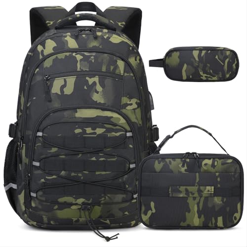 ACESAK Camo Backpack for Boys, Tactical Kids Backpack Boys, School Bags for Boy Children Teens Kids Elementary Middle High School, Military Bookbag and Lunch Bag Pencil Case Set with USB Charging Port - color: Black Camo