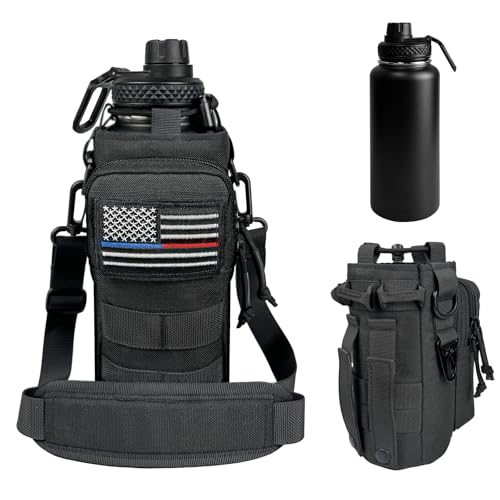 32 Oz Insulated Water Bottle - Stainless Steel Metal Military Black Water Jug with Sleeve, Gym Water Bottles for Men Sports Workout Hiking with Black Water Bottle Pouch - color: 32oz-All Black, size: 32 Ounces