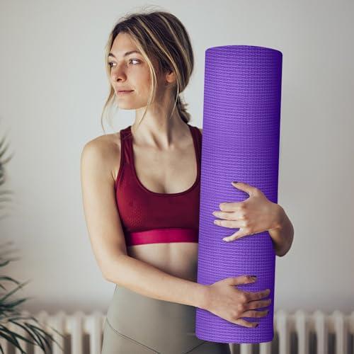 Black Yoga Mat, 1/4" High Density Extra Thick Anti-Tear Non-Slip Pilates Mat with Carrying Strap,Comfortable Pink Fitness Mat for Exercise,Fitness,Home Workout,Stretching,Pilates,Gym - color: Purple