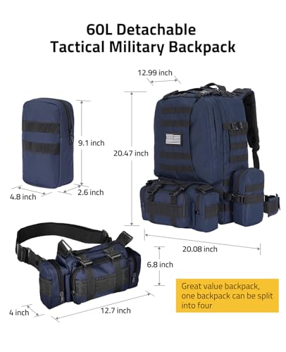 CVLIFE Tactical Backpack Military Army Rucksack 60L Large Assault Pack Detachable Molle Bag, Blue - color: Blue