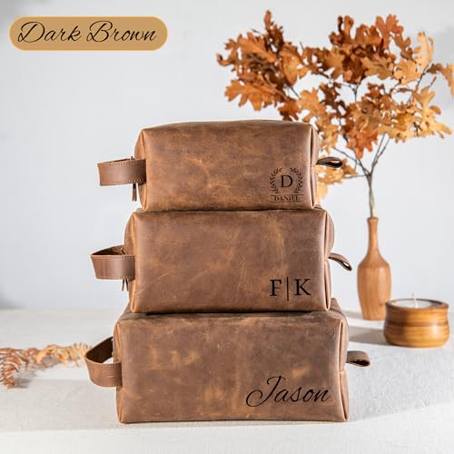 Personalized Handcrafted Leather Toiletry Bag for Men, Custom Shaving, Travel Dopp Kit, Grandpa, Dad, Husband, Father, Him, Boyfriend, Groomsmen, Birthday, Wedding, Graduation, Retirement Gifts - color: Personalized Gifts