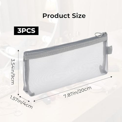 3 PCS Makeup Brush Pouch, Mesh Makeup Bag, Nylon Zipper Pouch, Mesh Makeups Brush Bag, Portable Clear Travel Cosmetic Bags, Small Organizer for Home Office Accessories