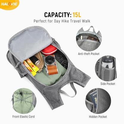HALOVIE 15L Foldable Hiking Backpack Phone Pocket Lightweight Travel Daypack Shoulder with Chest Strap Small Packable Pack for Walking Women Men (Lightgray) - color: Lightgray