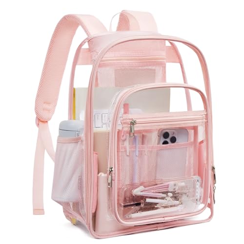 Telena Clear Backpack with Multi-pockets, Heavy Duty TPU Transparent Bag with Reinforced Straps, Large See Through Bookbag for College, Work - Pink - color: 1-pink