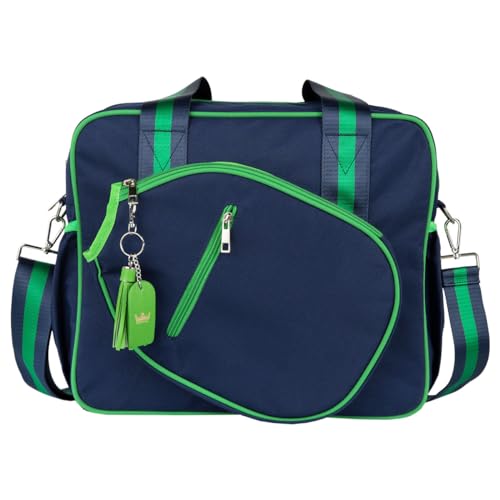 Cute Prepster Pickleball Bag for Women with Fence Hook, Tote with Pockets for Water Bottle, Paddles, Balls, Accessories - color: Navy/Green