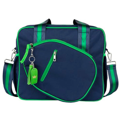 Cute Prepster Pickleball Bag for Women with Fence Hook, Tote with Pockets for Water Bottle, Paddles, Balls, Accessories - color: Navy/Green