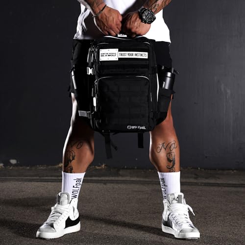 WOLFpak 35L Tactical Gym Backpack (Alpha Black White Accents) Durable 1000D Waterproof Oxford Material with MOLLE Webbing, Laptop Pocket & Dual Cup Holders, Durable Fitness/Travel/Military Daypack - color: Alpha Black White Accents