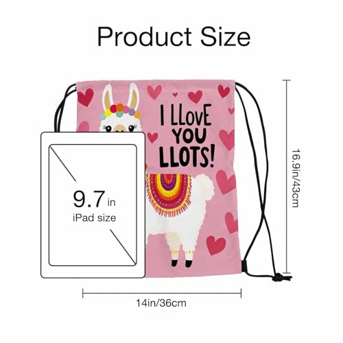 Drawstring Backpack Bag Sports Gym Sack Cute Alpaca Lettering I Llove Llots Pink Heart Background Shoe Bag for Women Men 14x16.9 Inch - color: Cute Alpaca