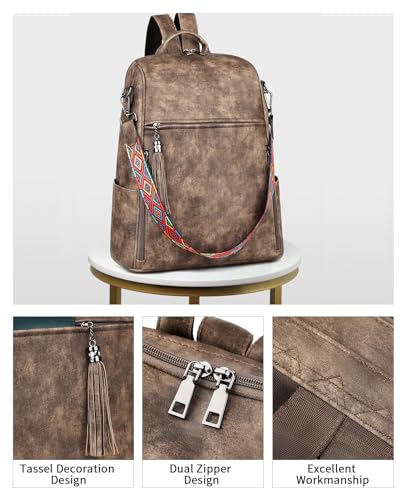 FADEON Leather Laptop Backpack for Women Designer 15.6 inch PU Laptop Bag, Ladies Travel Computer Work Backpack Grey - color: Coffee Brown