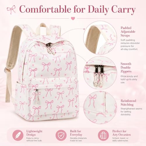 LOIDOU Girls Backpack for Kids Cute School Bookbag - color: Bow Tie Beige, size: L-17"