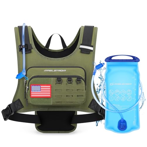 Maelstrom Hydration Vest with 2L Water Bladder Backpack for Running Hiking | Chest Pack, BPA-free, High Flow Bite, Reflective Stripe, Helmet Buckle, Detachable, Breathable Pad, for Cycling, Marathon - color: Army Green