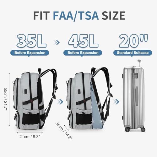 Travel Backpack 45L TSA Approved Carry on Backpack with Shoe Compartment & Wet/Dry Separation,Laptop Bag Fits 18.4 Inch Computer, Water Resistant Backpack for Men Women, Light Grey - color: Expandable Light Grey