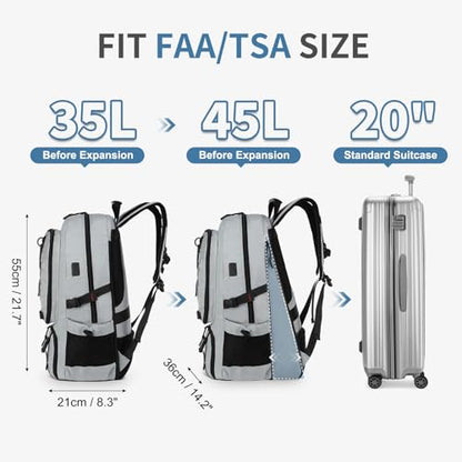 Travel Backpack 45L TSA Approved Carry on Backpack with Shoe Compartment & Wet/Dry Separation,Laptop Bag Fits 18.4 Inch Computer, Water Resistant Backpack for Men Women, Light Grey - color: Expandable Light Grey