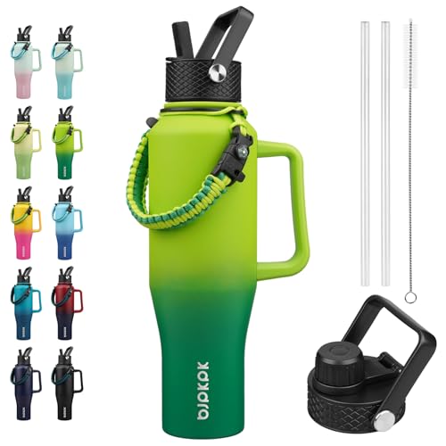 BJPKPK Insulated Water Bottles with Straw Lid, 40oz Metal Water Bottle with 2 lids & Paracord Strap, Double Wall Stainless Steel Tumbler with Handle, Reusable Cups, Mugs, Thermo, Bamboo Grove - color: Bamboo Grove, style: 40oz-Side Handle