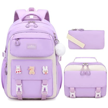 DIGOBAY 3PCS Girls Backpack for School, Kids Backpack for Girls with Lunch Box Pencil Case Set for Teen Girl Elementary Primary Middle High College School Bookbag with Cute Pins (Purple) - color: Purple