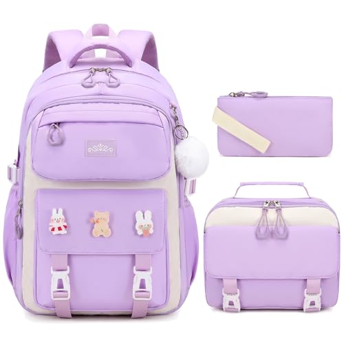 DIGOBAY 3PCS Girls Backpack for School, Kids Backpack for Girls with Lunch Box Pencil Case Set for Teen Girl Elementary Primary Middle High College School Bookbag with Cute Pins (Purple) - color: Purple